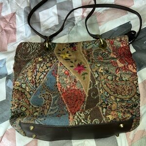Bueno Brown and Red Shoulder Bag with Unique Patchwork Design